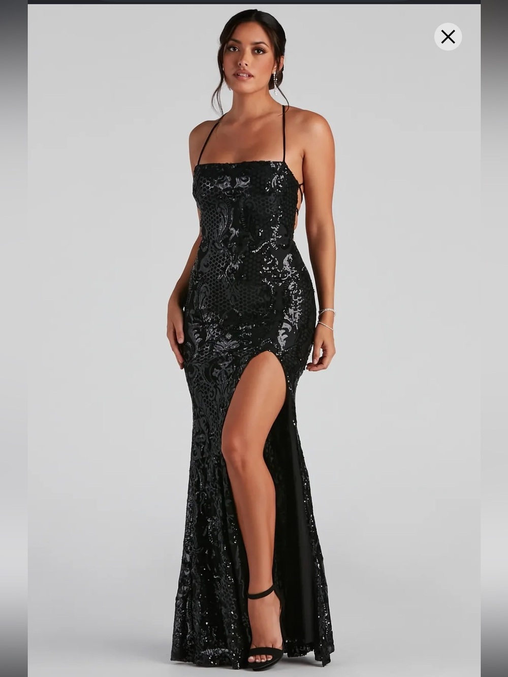 Windsor Black Azalea Formal High Slit Open Tie Back Sequin Elegant Dress Large